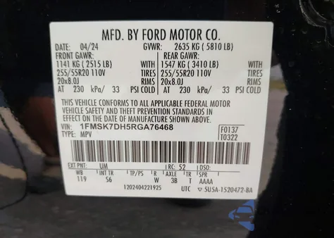 2024 Ford Explorer Xlt from USA, damaged, VIN 1FMSK7DH5RGA76468